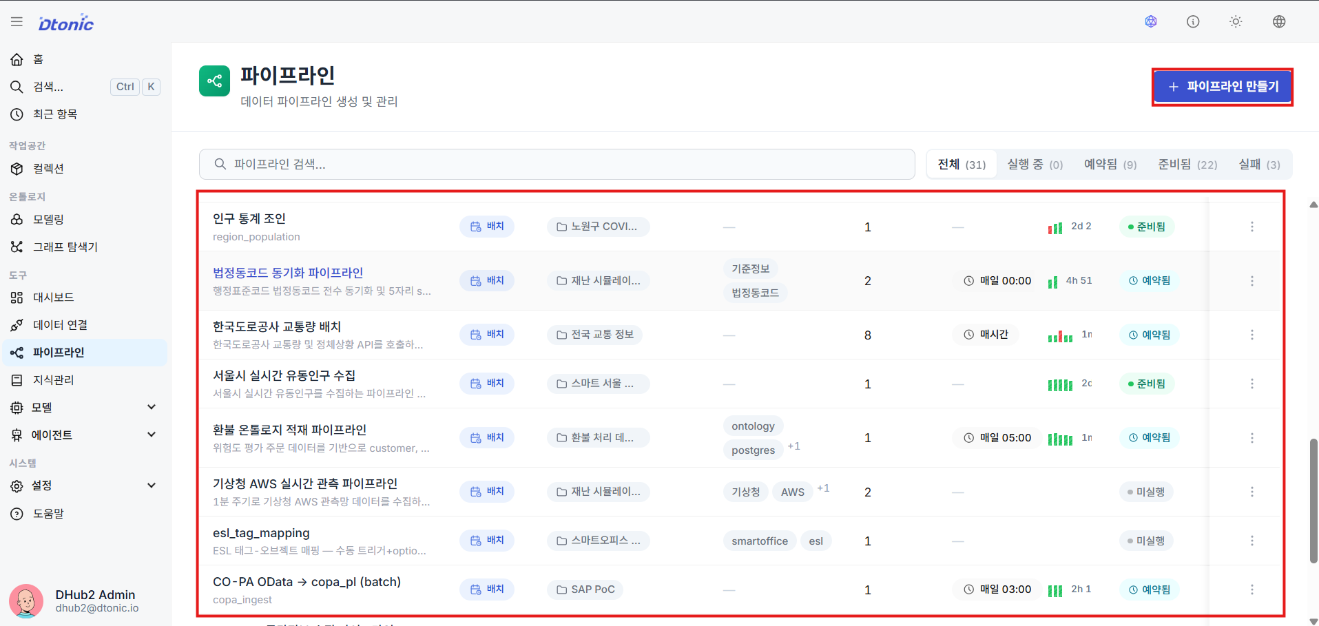파이프라인 리스트