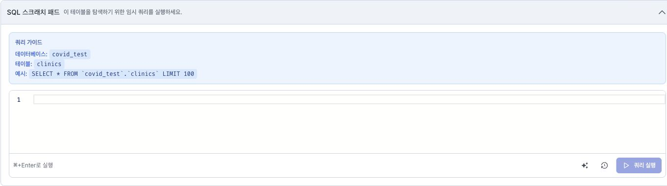 데이터베이스·테이블·예시 쿼리와 SQL 편집기가 표시된 쿼리 가이드