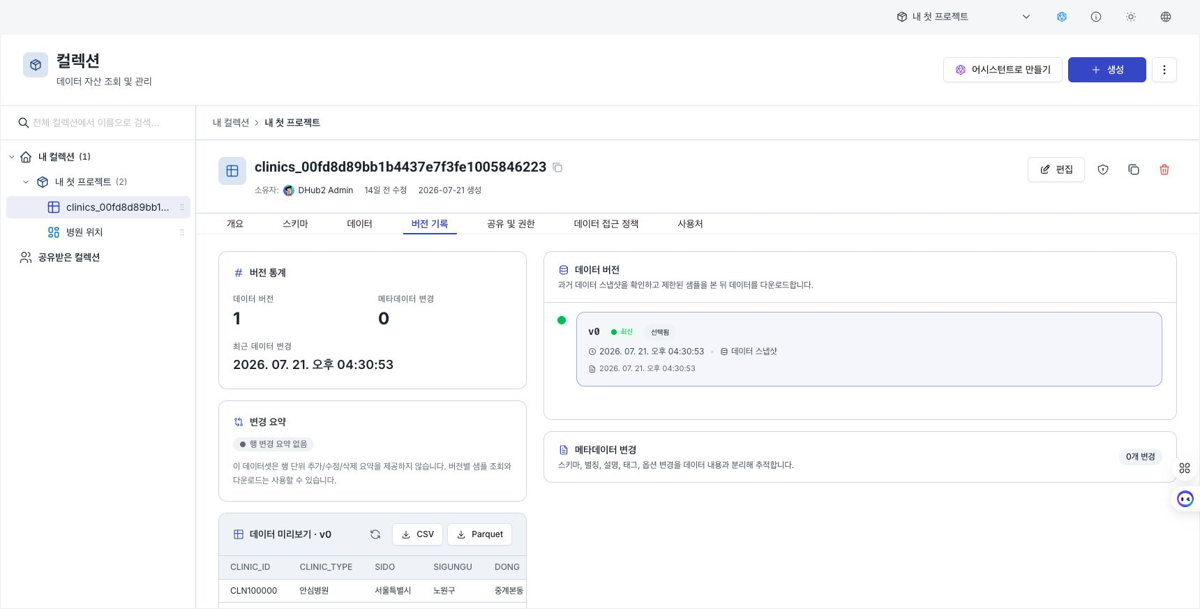 데이터셋 버전 기록의 통계와 선택한 버전 데이터 미리보기
