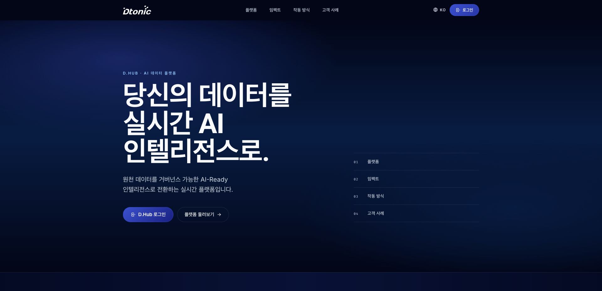 로그인 전 공개 소개 화면의 D.Hub 로그인 버튼과 플랫폼 안내