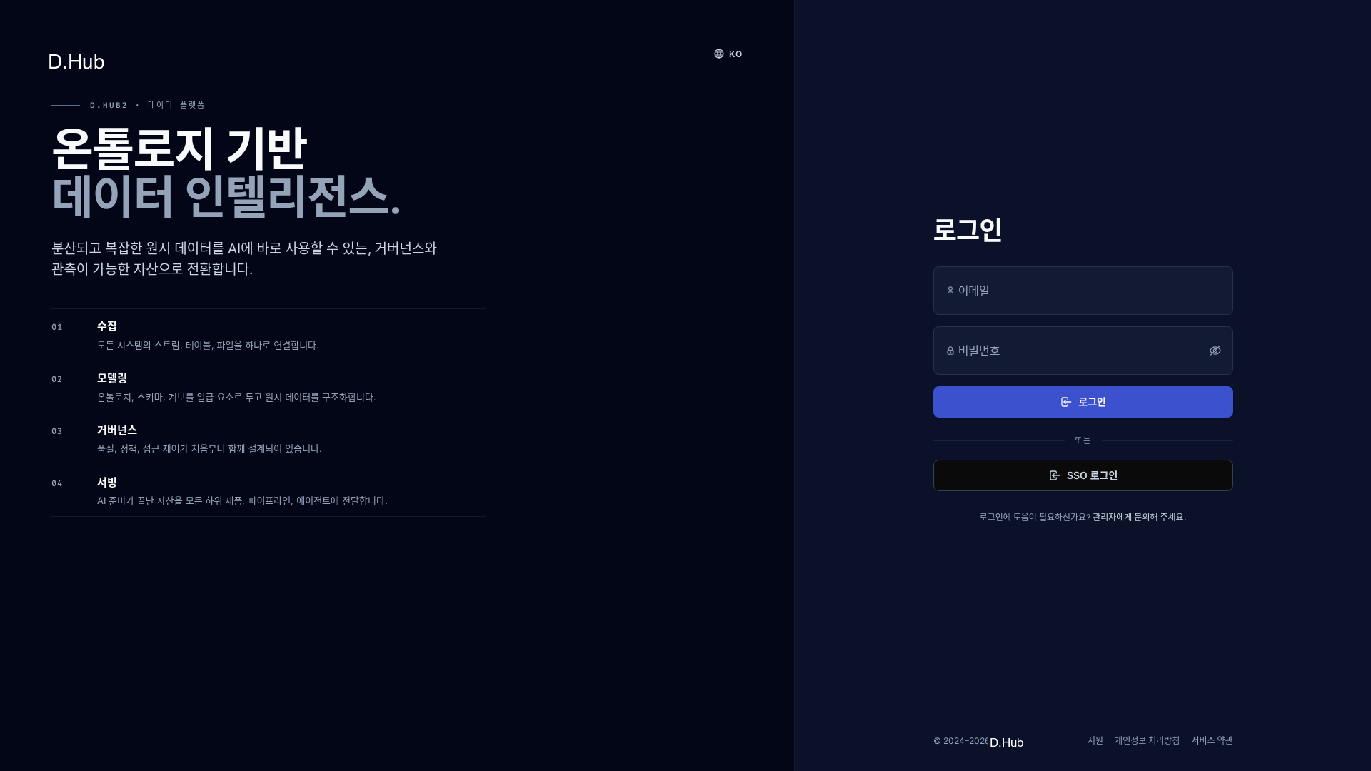 계정 정보 입력란과 통합 로그인 선택지가 표시된 로그인 화면