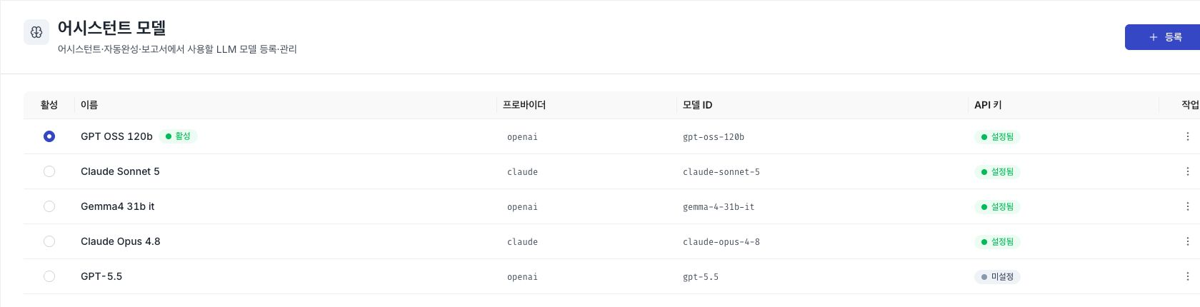 활성 라디오와 모델 이름·프로바이더·모델 ID·API 키 상태가 표시된 어시스턴트 모델 목록