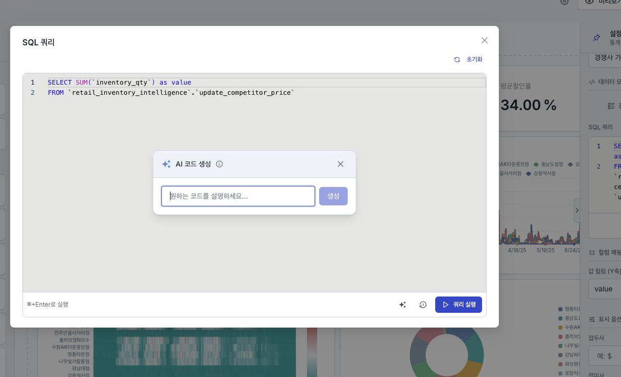 AI code generation showing a request and suggested code beside the SQL editor