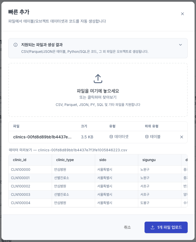 Quick Add preview showing the clinics CSV file type and data